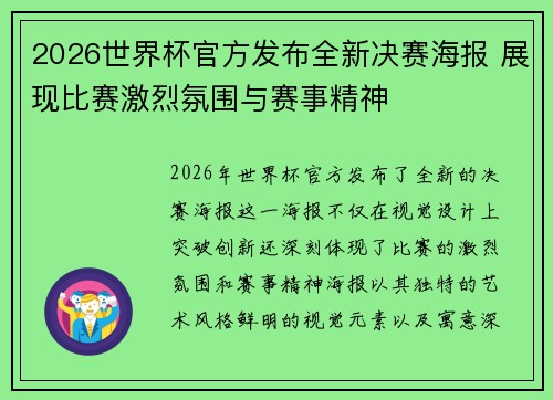 2026世界杯官方发布全新决赛海报 展现比赛激烈氛围与赛事精神 2026世界杯官方发布全新决赛海报 展现比赛激烈氛围与赛事精神